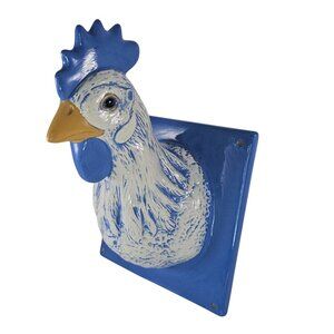 Vintage Rooster Chicken Ceramic Towel Apron Holder Blue White